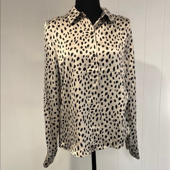 Leopard Print Blouse Button Down Black Gray Satin Elegant Day Evening Medium - Picture 2 of 10